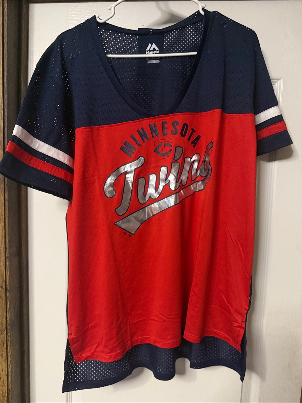 Majestic Red & Navy Minnesota Twins V-Neck Jersey Top